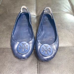 Tory Burch Leather Minnie Travel Ballet Flats - Navy Blue Size 9